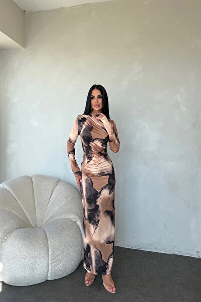 LİLA İSTANBUL Crew Neck Draped Self Patterned Dress