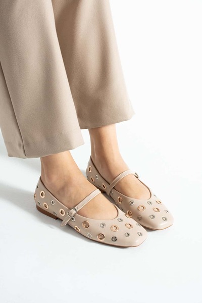 diclepolat Women's Beige Ballet Flats with Metal Ring Detail and Belted Casual Shoes Luce