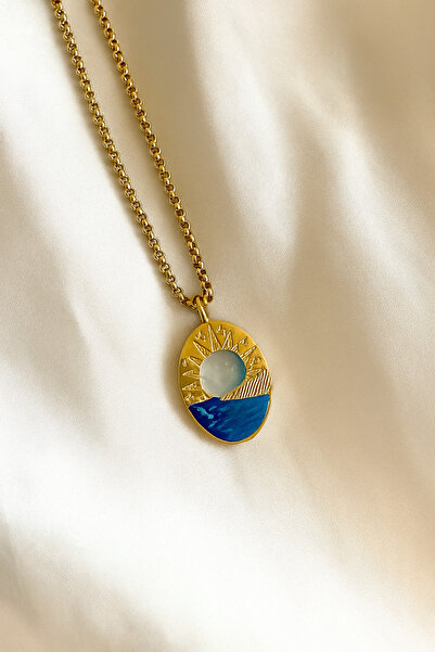 stainless steell Ay Ve Deniz Motifli Vintage Çelik Kolye