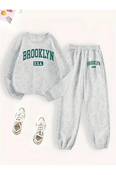 darkopia Unisex Brooklyn Usa Printed Oversize 3 Thread Crew Neck Sweatshirt Tracksuit Set
