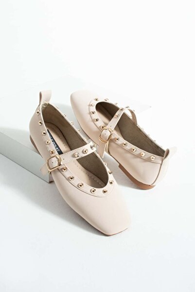 diclepolat Women's Beige Studded Buckle Women's Ballerina Rock