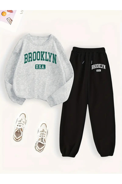 darkopia Unisex Brooklyn Usa Printed Oversize 3 Thread Crew Neck Sweatshirt Tracksuit Set