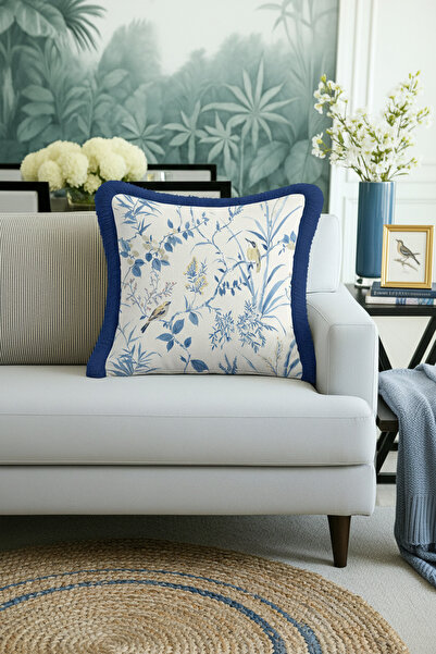 Evimde Bambaşka Husă de pernă cu franjuri, de lux, cu pasăre, botanică - husă de pernă cu franjuri, naturală, nordică, albastru crem