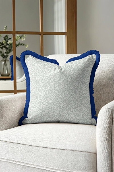 Evimde Bambaşka غطاء وسادة أنيق بتصميم أوراق الشجر مع شراشيب - غطاء وسادة طبيعي بلون أزرق إسكندنافي مع شراشيب