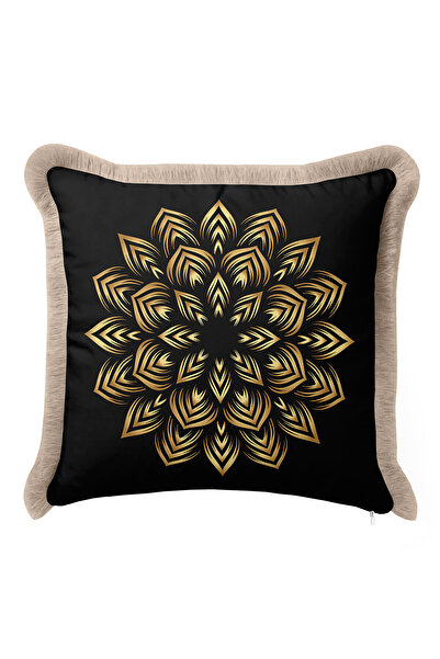 Evimde Bambaşka غطاء وسادة فاخر بتصميم ماندالا - غطاء وسادة هندسي بوهيمي باللون الأسود والذهبي مع شراشيب