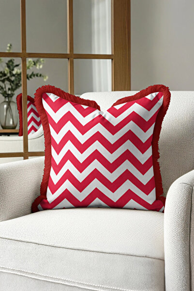 Evimde Bambaşka غطاء وسادة عصري بتصميم متعرج - غطاء وسادة هندسي بنمط إسكندنافي باللونين الأحمر والأبيض مع شراشيب