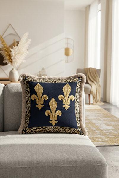 Evimde Bambaşka غطاء وسادة فاخر مزين بشراشيب على طراز القصر الباروكي - غطاء وسادة فرنسي ثلاثي بألوان كريمية مع شراشيب