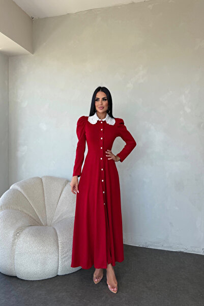 LİLA İSTANBUL Lace Collar Buttoned Front Knitwear Dress