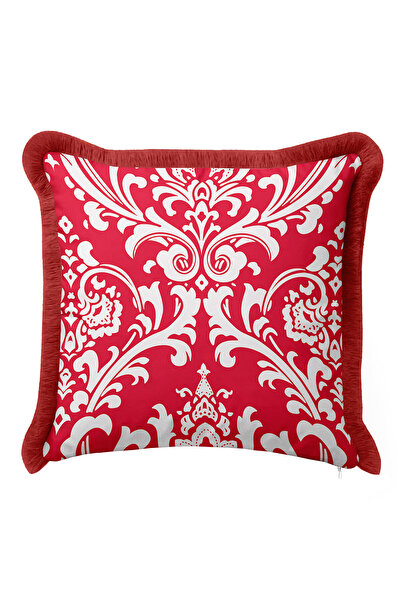Evimde Bambaşka غطاء وسادة مزين بشراشيب على الطراز الباروكي - غطاء وسادة مزين بشراشيب باللونين الأحمر والأبيض ذو طابع عتيق لا يتأثر بالوقت