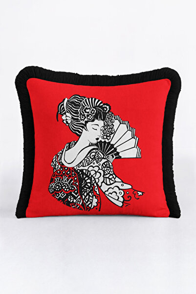 Evimde Bambaşka غطاء وسادة فني مستوحى من الطراز الياباني - غطاء وسادة مزين بشراشيب باللونين الأحمر والأسود بنمط آسيوي