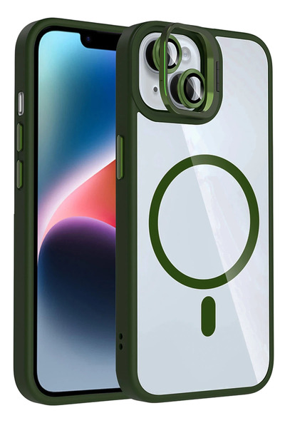 Fuchsia Apple iPhone 13 Remim Lensli Magsafe Standlı Kapak - Dark Green