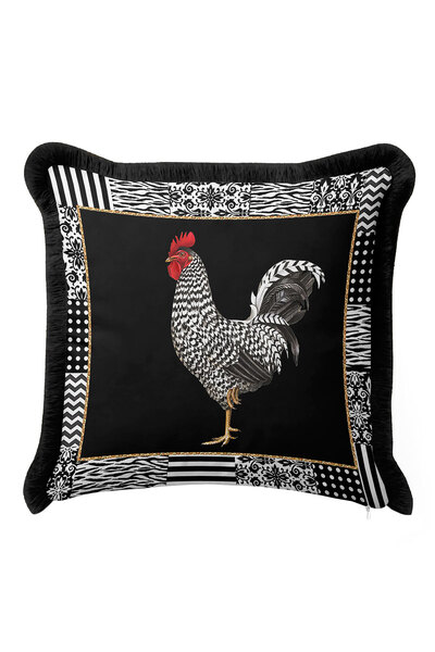 Evimde Bambaşka غطاء وسادة مزين بشراشيب على شكل مزرعة الديك الأسود - غطاء وسا...