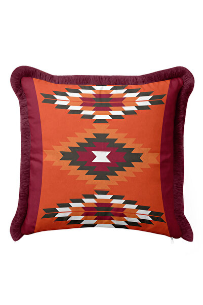 Evimde Bambaşka Εθνοτική γεωμετρική μαξιλαροθήκη με κρόσσια - Μπορντό μαξιλαρ...