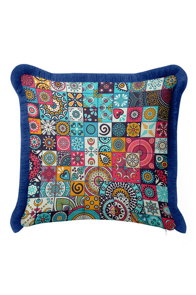 Evimde Bambaşka Husă de pernă cu franjuri în mozaic Boho - Husă de pernă cu franjuri, colorată, eclectică, albastru, galben