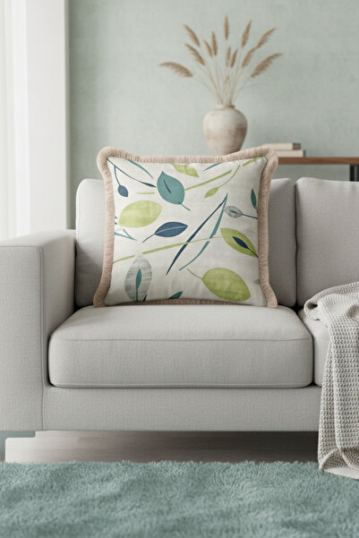 Evimde Bambaşka غطاء وسادة فاخر مزين بشراشيب بتصميم أوراق الشجر الطبيعية - غطاء وسادة أنيق باللون الأخضر والأزرق الاسكندنافي مع شراشيب