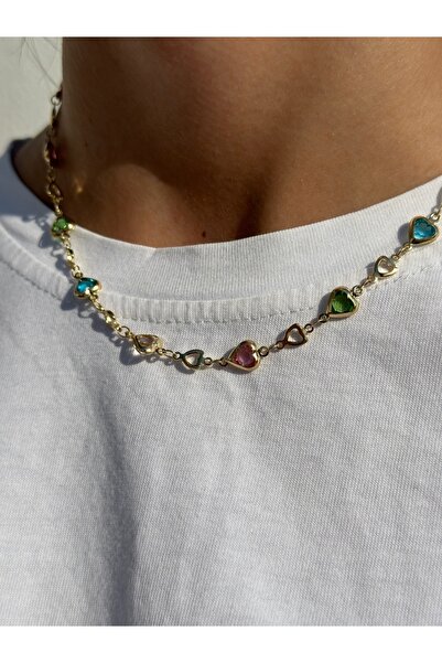 Sue Kalpli Renkli Taş Detaylı Gold Kolye