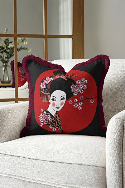 Evimde Bambaşka Japon Esintili Saçaklı Yastık Kılıfı - Hanami Temalı Modern B...