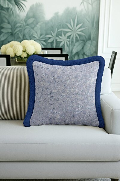 Evimde Bambaşka Husă de pernă de lux din satin albastru impecabil cu franjuri...