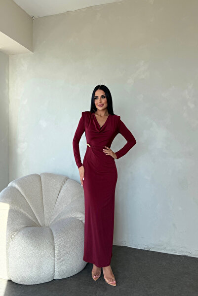 LİLA İSTANBUL Special Design Dress with Degaje Collar and Waist Brooch