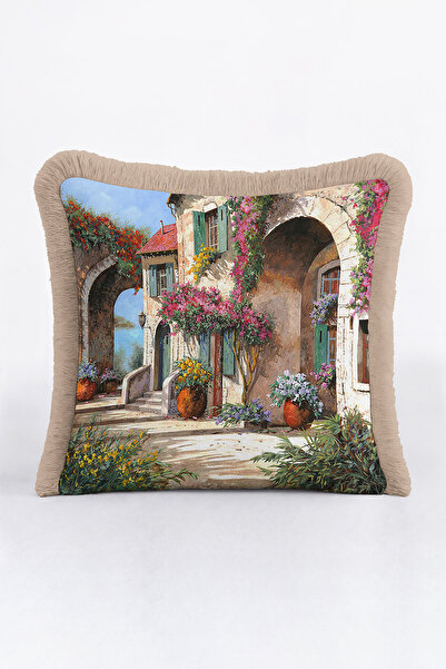 Evimde Bambaşka غطاء وسادة مزين بشراشيب مستوحى من البحر الأبيض المتوسط ​​- غط...