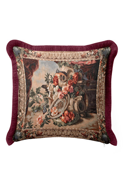 Evimde Bambaşka غطاء وسادة مزين بالزهور على الطراز الباروكي - غطاء وسادة كلاسيكي عتيق بلون بورجوندي مع شراشيب