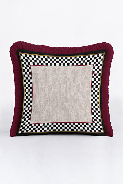 Evimde Bambaşka Lüks Kareli Saçaklı Yastık Kılıfı - Modern Bordo Çerçeveli Altın Renkli Püsküllü Kırlent Kılıfı