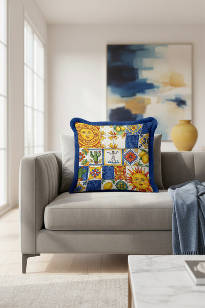 Evimde Bambaşka Akdeniz Seramik Motifli Saçaklı Yastık Kılıfı-Renkli Yaz İskandinav Mavi Sarı Püsküllü Kırlent Kılıf