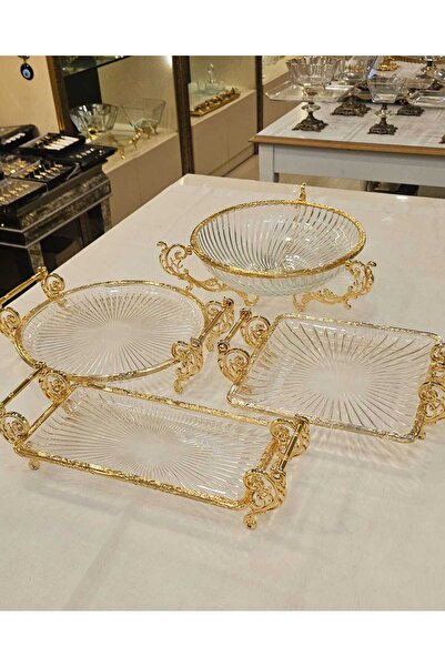 MaviDamla Cast Metal Frame Glass and Serving Presentation Set 9 Pieces Gold