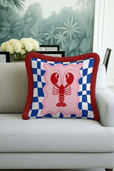 Evimde Bambaşka İtalyan Yengeç Motifli Lüx Saçaklı Yastık Kılıfı-Mavi Pembe Kırmızı Retro Püsküllü Kırlent Kılıfı