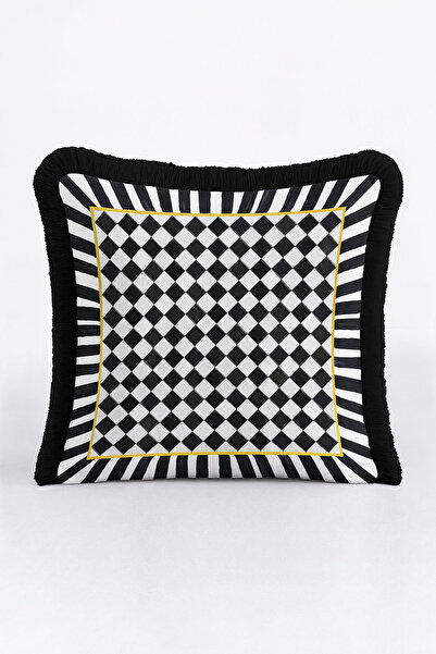 Evimde Bambaşka Husă de pernă cu franjuri în carouri alb-negru de lux - Husă ...