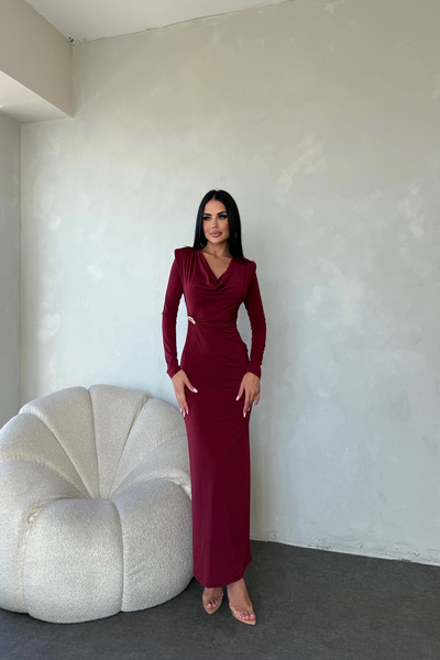 LİLA İSTANBUL Special Design Dress with Degaje Collar and Waist Brooch