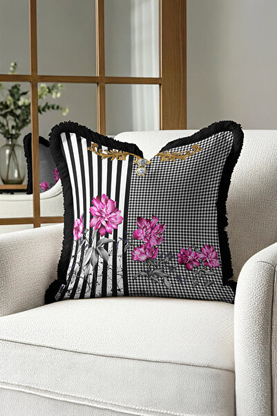 Evimde Bambaşka غطاء وسادة فاخر مخطط على الطراز الباروكي - غطاء وسادة بوهيمي مزين بالزهور باللونين الأسود والأبيض مع شراشيب