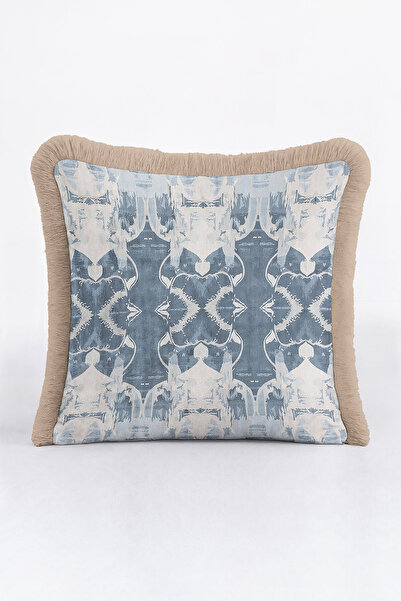 Evimde Bambaşka غطاء وسادة أنيق وفاخر باللون الأزرق الهندسي مع شراشيب - غطاء ...