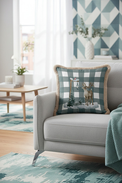 Evimde Bambaşka غطاء وسادة مزين بشراشيب على شكل غزال الشتاء - غطاء وسادة مزين...