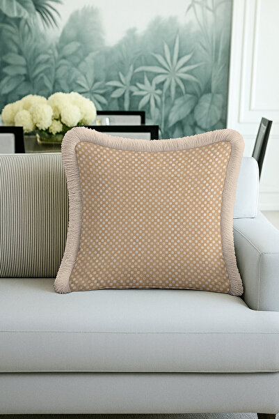 Evimde Bambaşka غطاء وسادة أنيق مزين بالنقاط والشراشيب - غطاء وسادة بسيط بلون البيج الكريمي الريفي مع شراشيب