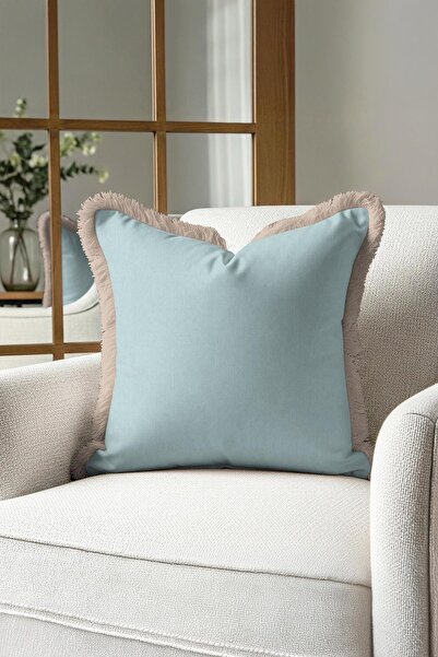 Evimde Bambaşka غطاء وسادة فاخر مخملي بحواف مزركشة - غطاء وسادة بلون أزرق فات...