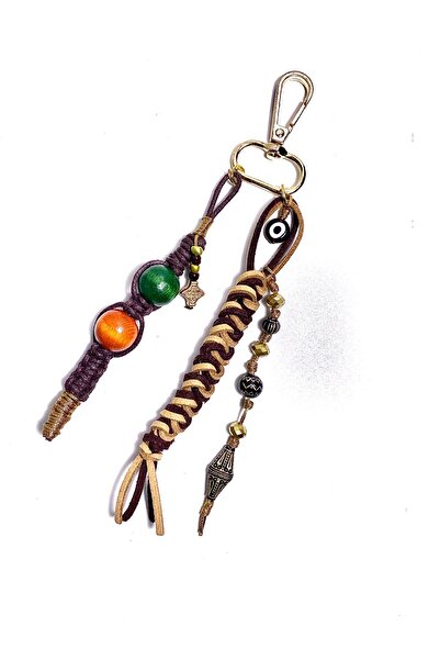 She Sells El Yapımı Ahşap Boncuklu Nazar Boncuklu Süet İpli Çanta Charmı Anahtarlık Aksesuarı