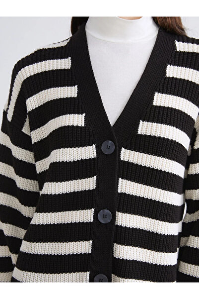 LC Waikiki LCW Modest Μαύρη ριγέ ζακέτα γυναικεία πλεκτή με λαιμόκοψη σε σχήμα V