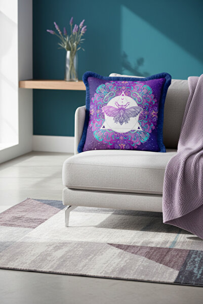 Evimde Bambaşka غطاء وسادة ميستيك ماندالا موث - غطاء وسادة مزين بشراشيب باللون الأرجواني الكوني البوهيمي والأزرق الداكن