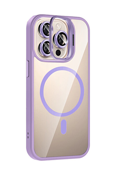 Fuchsia Apple iPhone 14 Pro Max Remim Lensli Magsafe Standlı Kapak - Lila