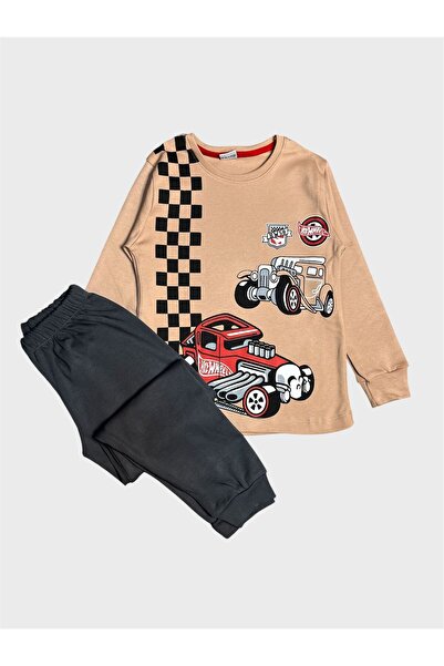 ALİŞ KİDS Boys' Cotton Beige Color Off-Road Vehicle Jeep Patterned Long Sleeve Pajama Set