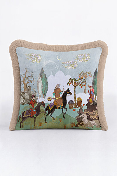 Evimde Bambaşka Husă de pernă cu franjuri Palace Art - Husă de pernă cu franjuri în tonuri naturale etnice în miniatură