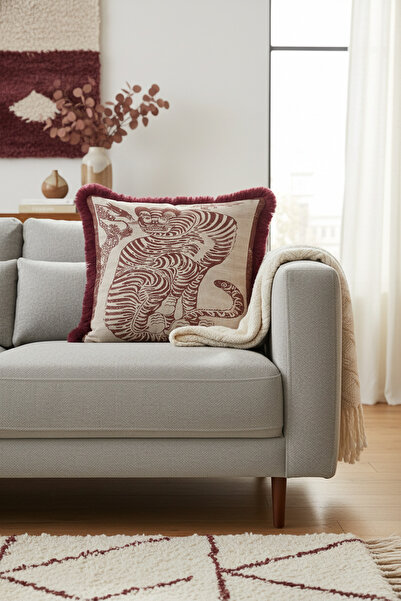 Evimde Bambaşka Asya Sanatsal Kaplan Figürlü Saçaklı Yastık Kılıfı - Bohem Bo...