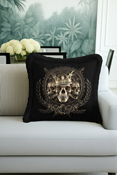 Evimde Bambaşka غطاء وسادة باروكي ملكي مزين بالشراشيب - غطاء وسادة أسود مع شراشيب ذهبية اللون على الطراز القوطي