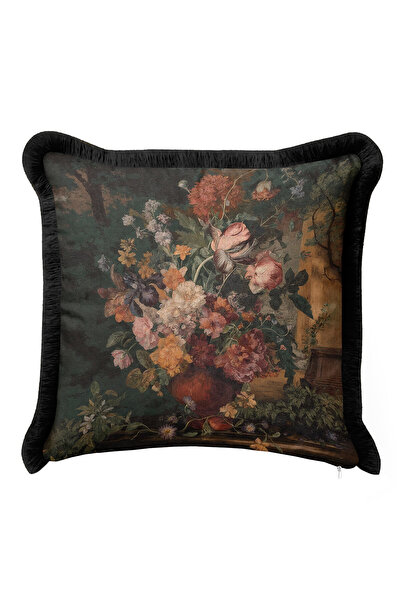 Evimde Bambaşka غطاء وسادة فاخر من باروك فلاور جاردن - غطاء وسادة نوستالجي أخضر أسود مع شراشيب