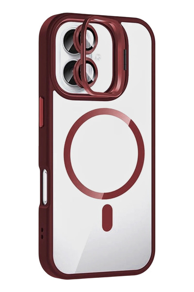Fuchsia Apple iPhone 16 Remim Lensli Magsafe Standlı Kapak - Bordo