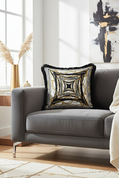 Evimde Bambaşka غطاء وسادة فاخر بتصميم سلسلة مع شراشيب - غطاء وسادة عصري بلون أسود وذهبي مع شراشيب