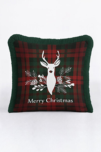 Evimde Bambaşka غطاء وسادة فاخر بنمط الغزلان مع شراشيب - غطاء وسادة ريفي أحمر...