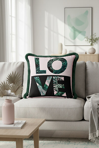 Evimde Bambaşka Tropical Leaf Fringe Pillowcase - Modern Pastel Black Green T...