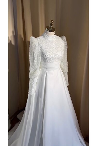 MODA Tesettür Gelinlik-Vatkalı-Manşet Kol-Işıktılı-Şık Gelinlik